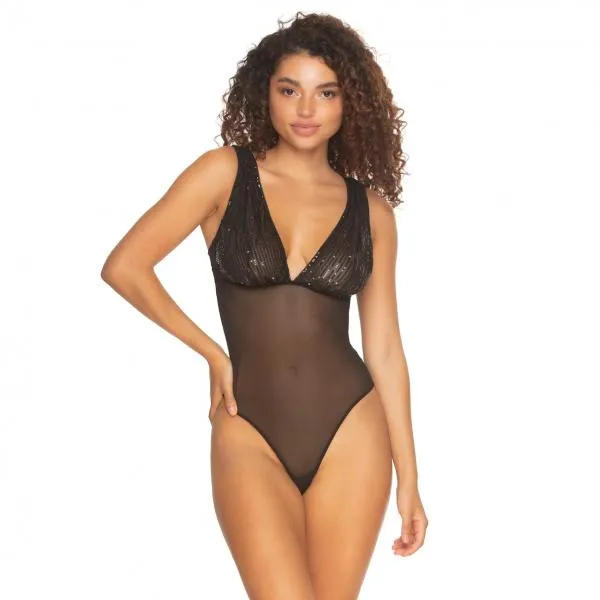 Covet Sequins and Mesh Thong Back Bodysuit - Black -