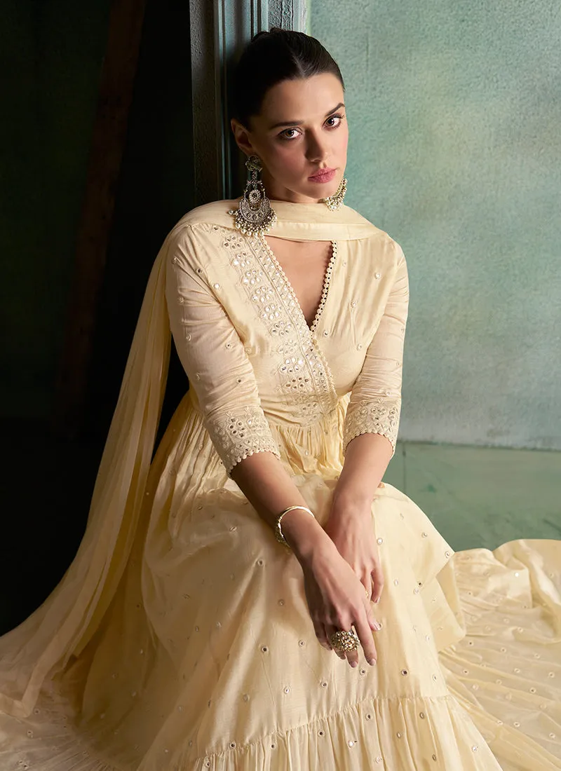 Cream Mirror Work Embroidery Anarkali Suit