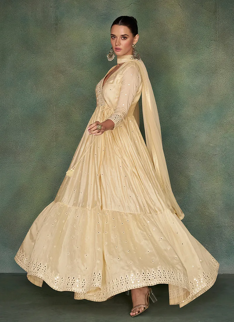 Cream Mirror Work Embroidery Anarkali Suit