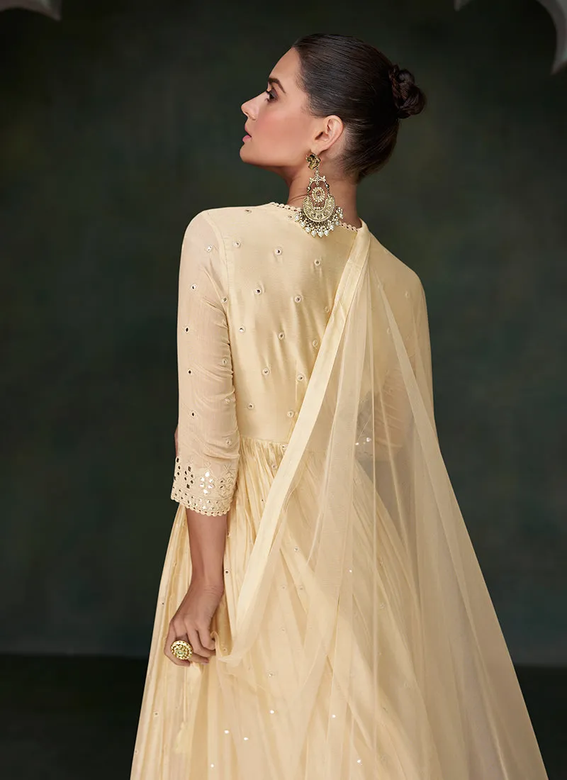 Cream Mirror Work Embroidery Anarkali Suit