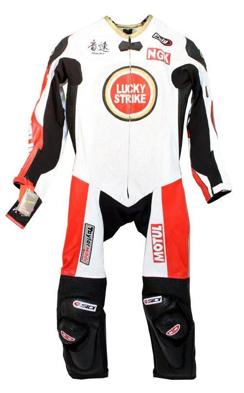 Custom Perrini Fusion Motorcycle Leather Racing Suit with Hump Personal Name and Number