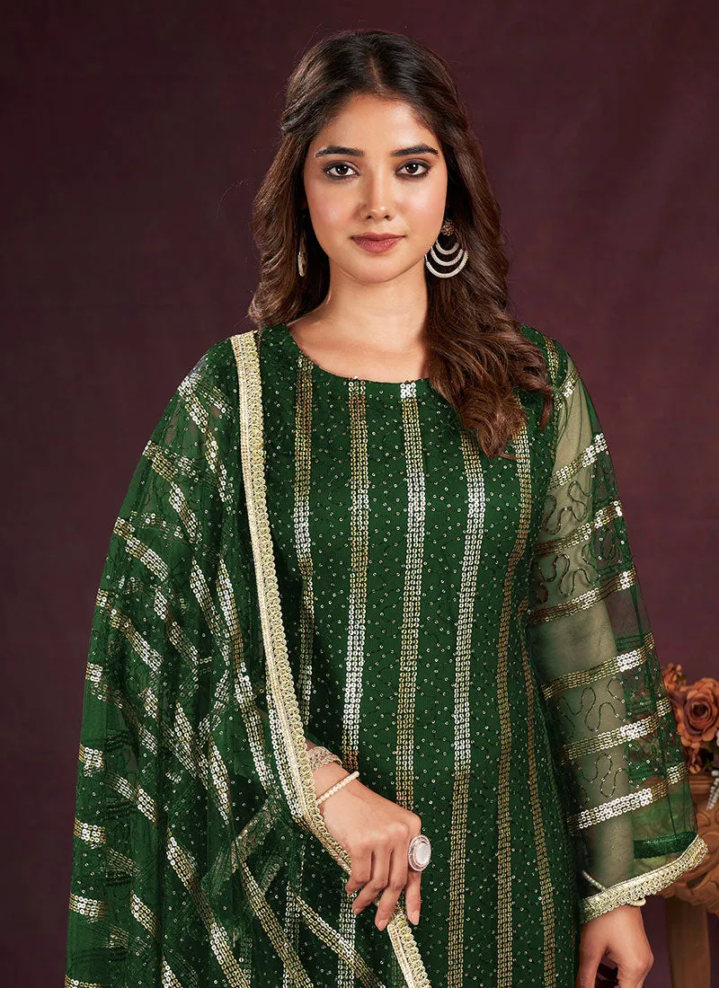 Dark Green Sequence Embroidery Pant Style Suit