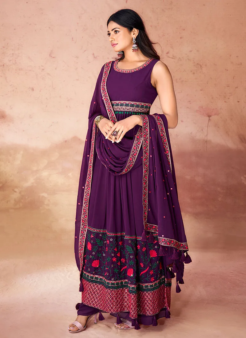 Deep Purple Multi Embroidery Traditional Anarkali Palazzo Suit