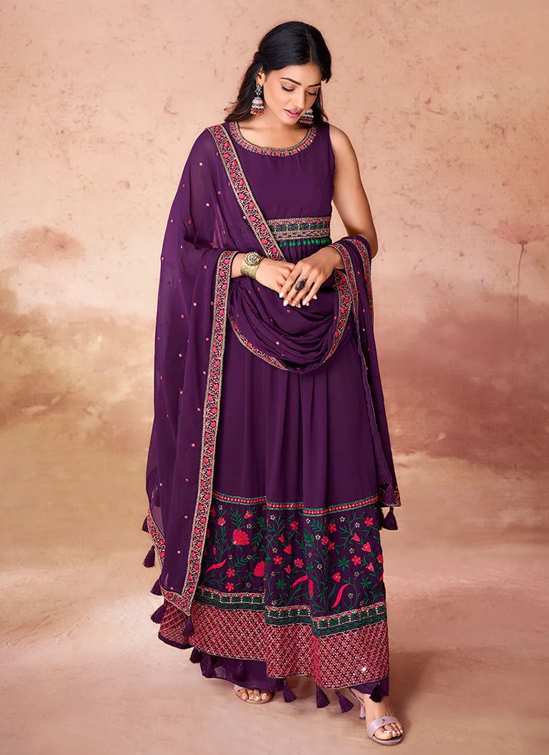 Deep Purple Multi Embroidery Traditional Anarkali Palazzo Suit