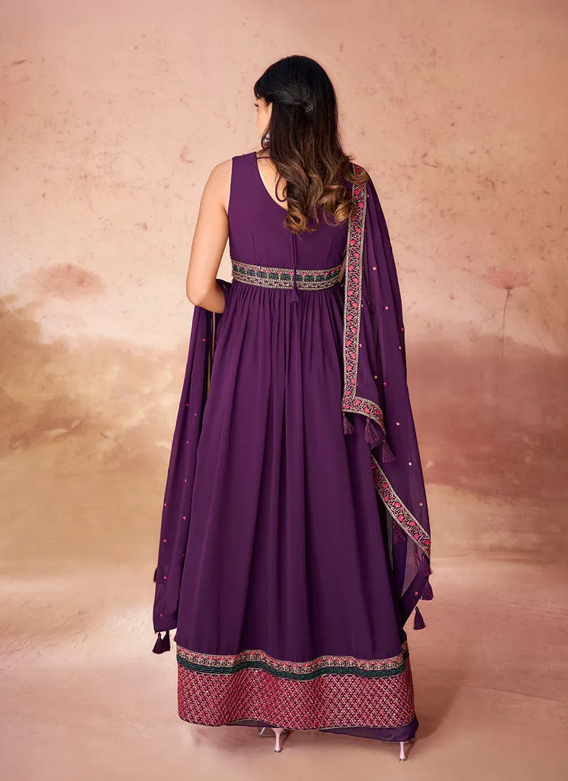 Deep Purple Multi Embroidery Traditional Anarkali Palazzo Suit