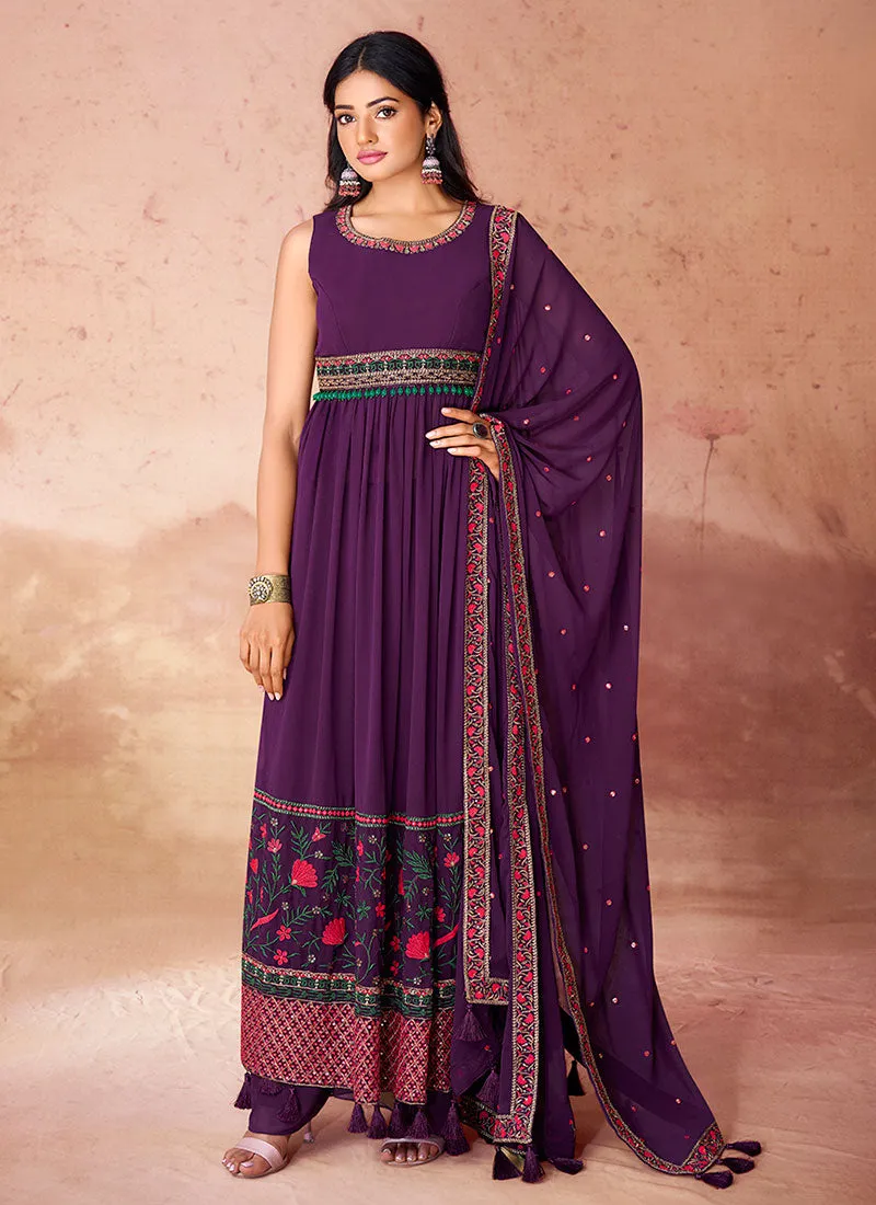 Deep Purple Multi Embroidery Traditional Anarkali Palazzo Suit