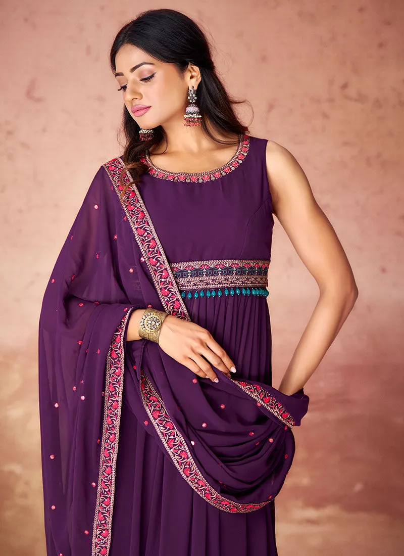 Deep Purple Multi Embroidery Traditional Anarkali Palazzo Suit