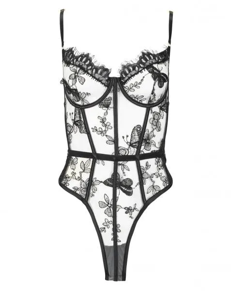 Embroidered Underwire Bodysuit - Black Butterflies -