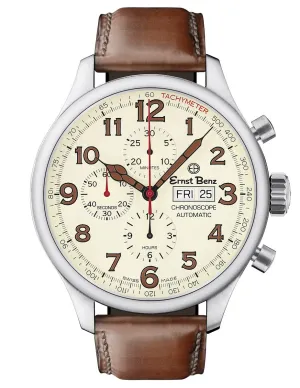 Ernst Benz Chronoscope 47mm Automatic Parchment Dial Brown Leather Band Men's Watch GC10118