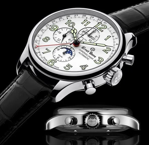 Ernst Benz GC10312 Men's Automatic Watch 47mm ChronoLunar White Dial Black Matte Leather Strap Swiss Made