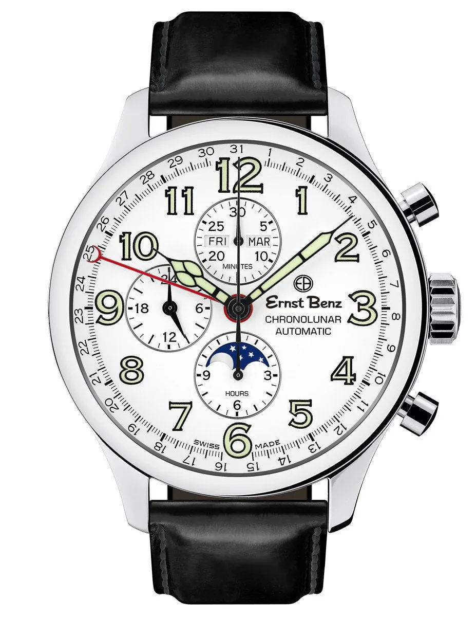 Ernst Benz GC10312 Men's Automatic Watch 47mm ChronoLunar White Dial Black Matte Leather Strap Swiss Made