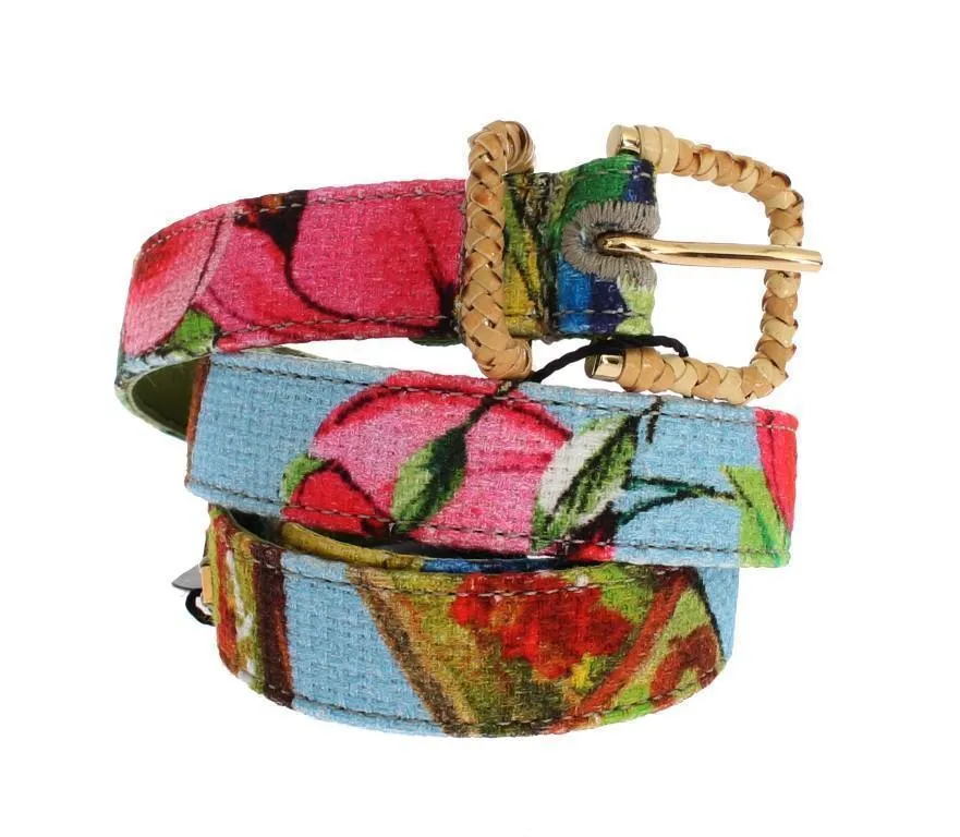 Floral Print Fabric Gold Buckle Logo Belt