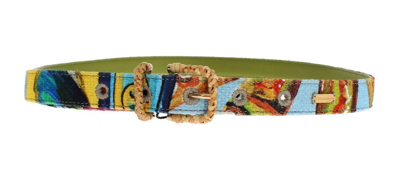 Floral Print Fabric Gold Buckle Logo Belt