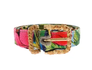 Floral Print Fabric Gold Buckle Logo Belt