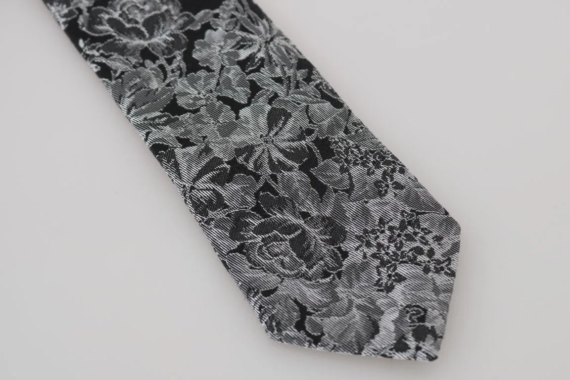 Gray Silk Floral Graphic Print Tie