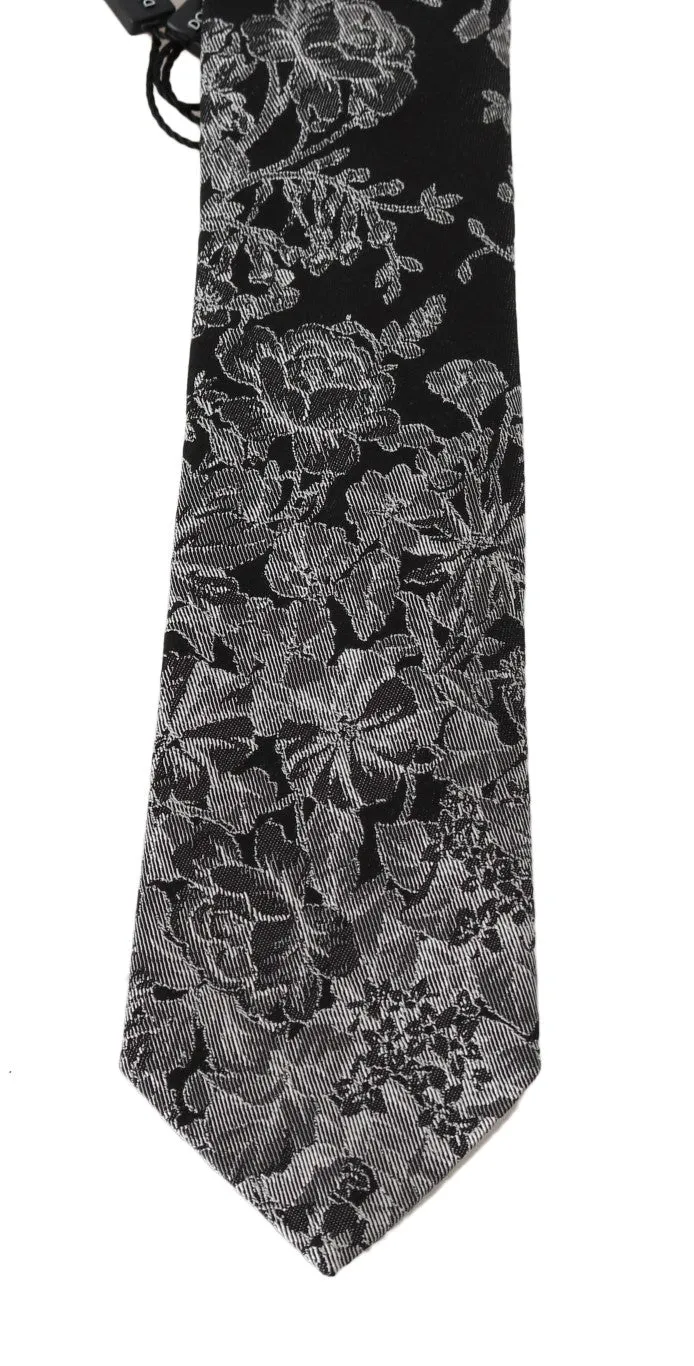 Gray Silk Floral Graphic Print Tie