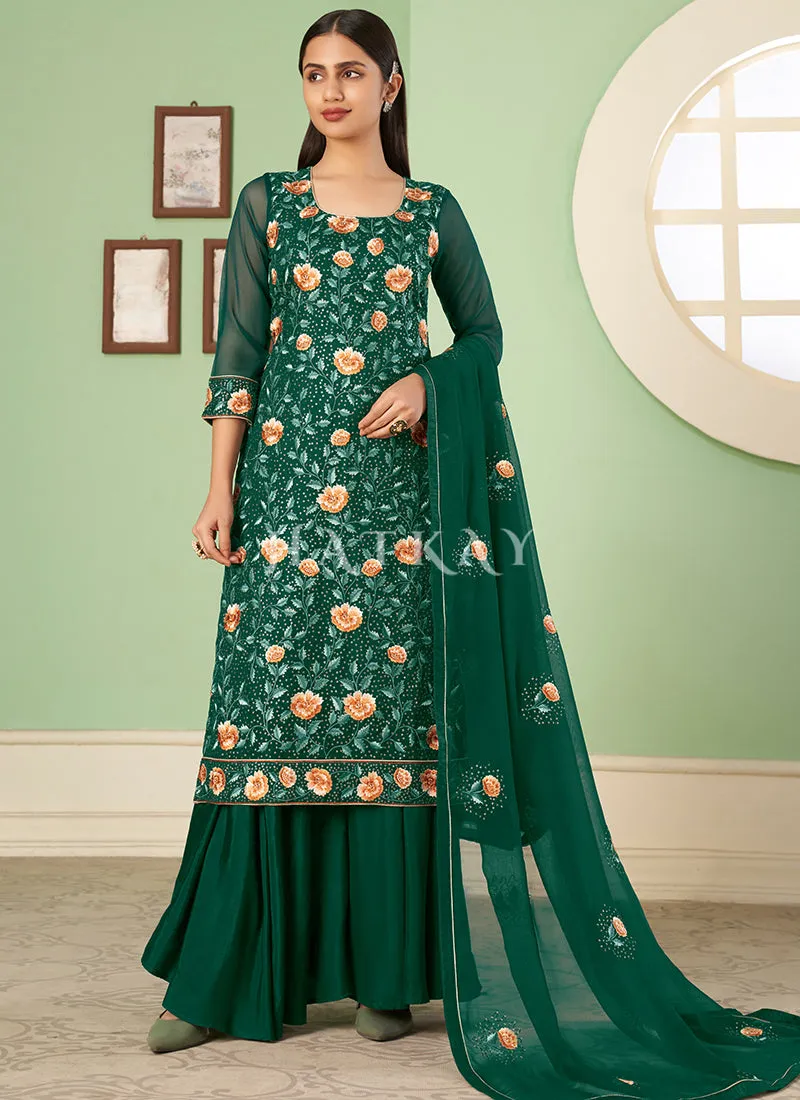 Green Multi Embroidery Georgette Palazzo Suit