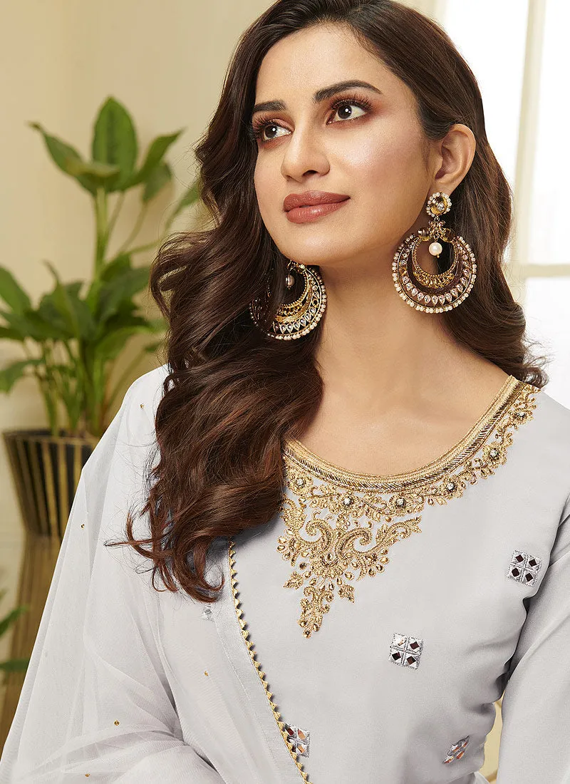 Grey Embroidered Designer Sharara Suit