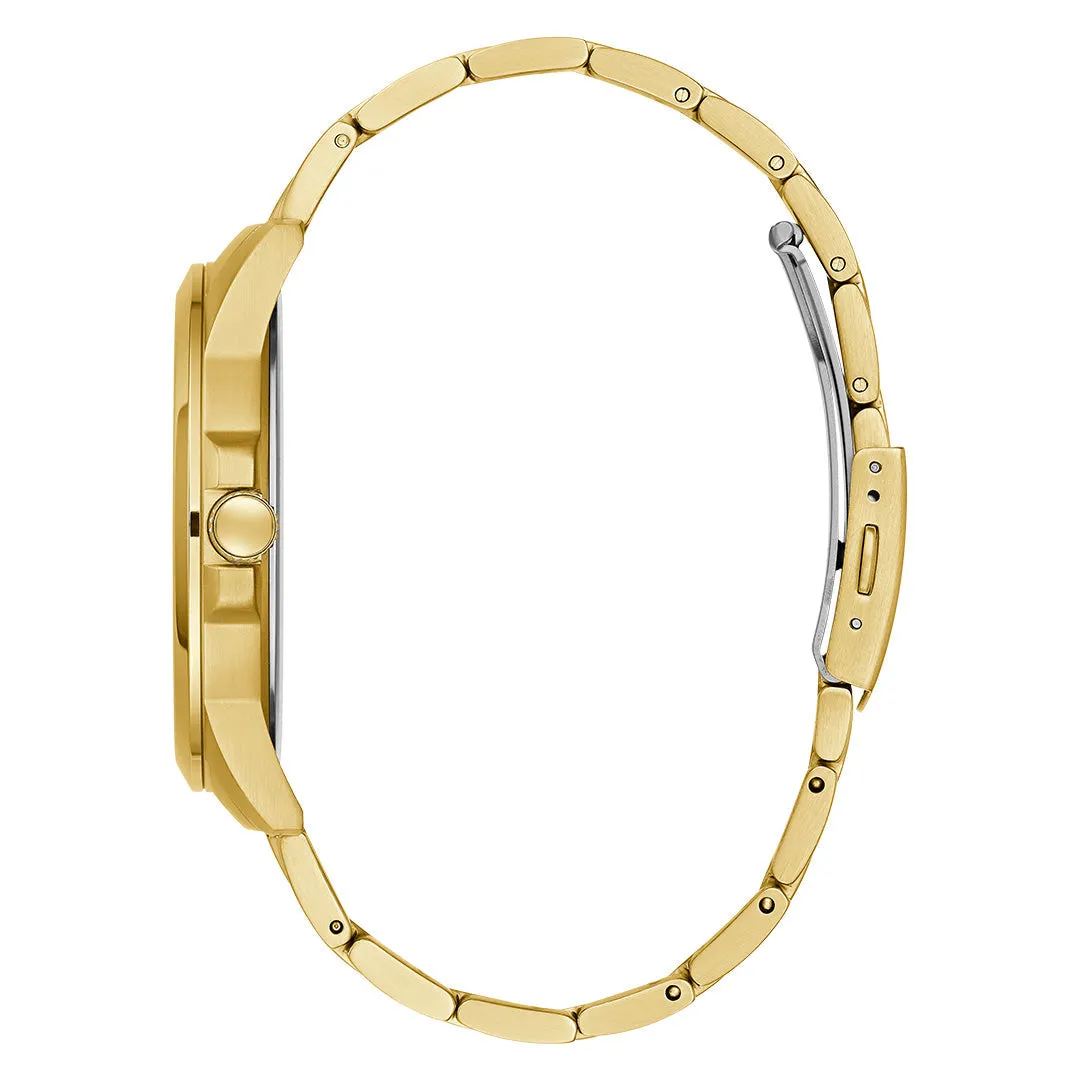 Guess Equity Brushed Gold Tone Case With Polished Gold Tone Bezel With Sunray Green Multifunction Dial And Brushed And Polished Gold Tone Bracelet GW0703G2