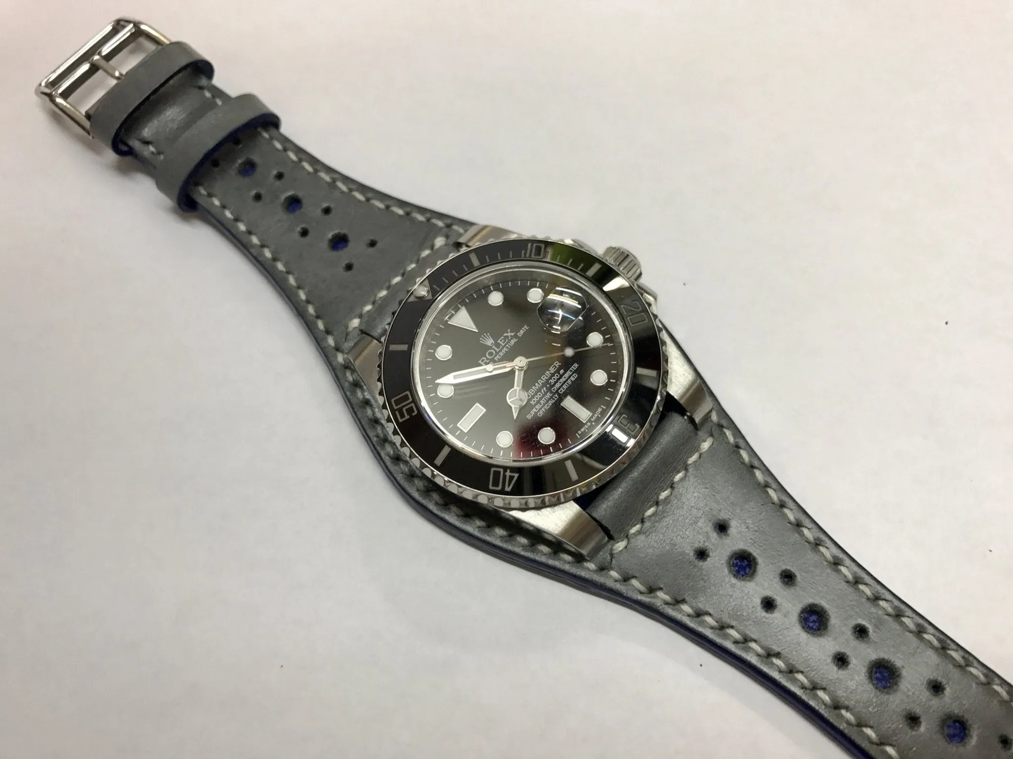 Handmade leather cuff watch strap, Brogue Pattern Vintage Gray leather cuff watch band for Rolex Watches - 20mm/18mm
