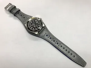 Handmade leather cuff watch strap, Brogue Pattern Vintage Gray leather cuff watch band for Rolex Watches - 20mm/18mm