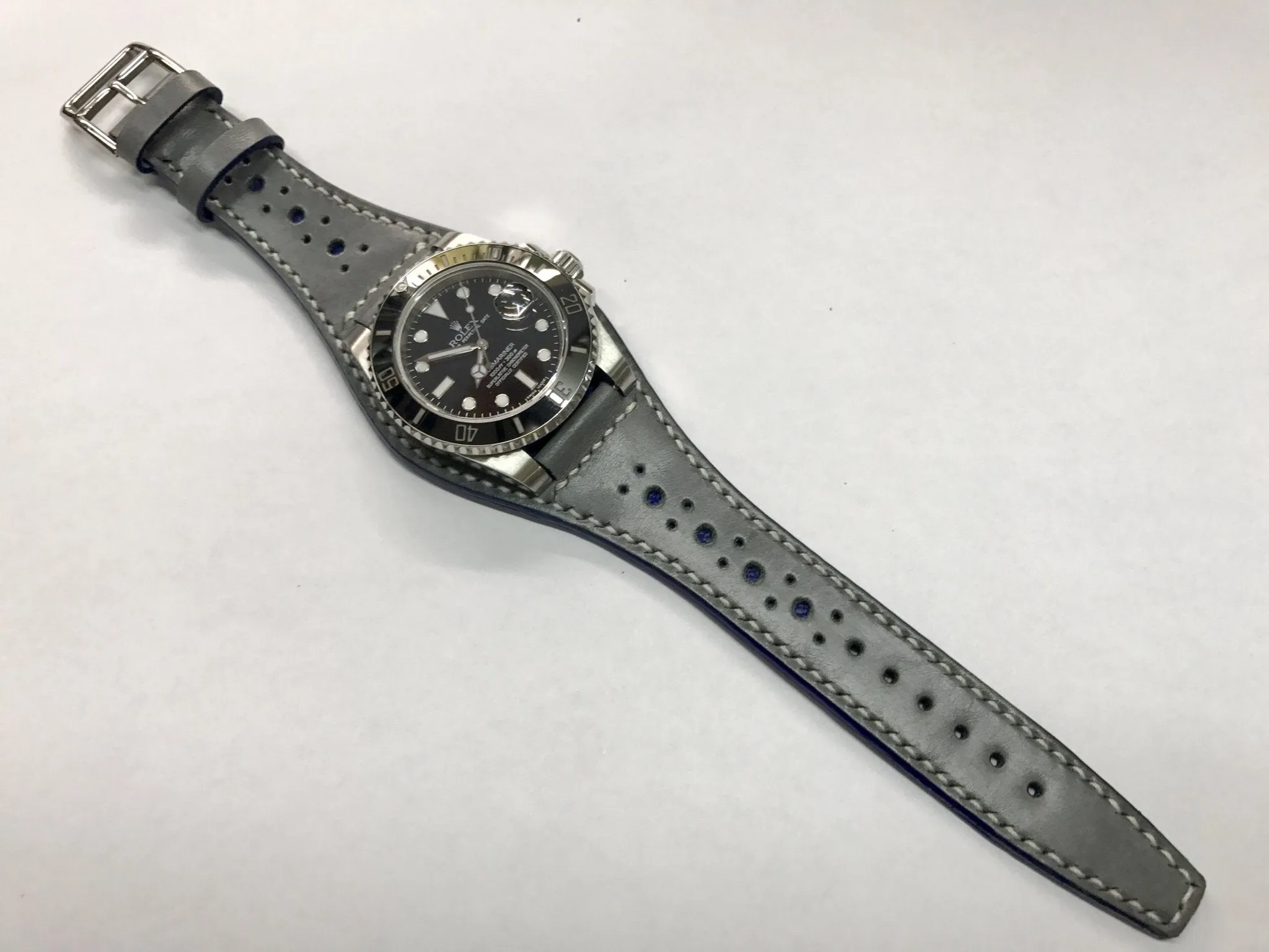 Handmade leather cuff watch strap, Brogue Pattern Vintage Gray leather cuff watch band for Rolex Watches - 20mm/18mm