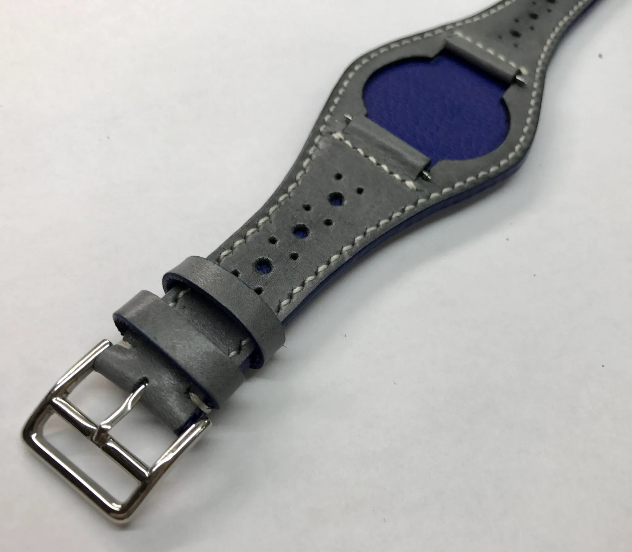 Handmade leather cuff watch strap, Brogue Pattern Vintage Gray leather cuff watch band for Rolex Watches - 20mm/18mm