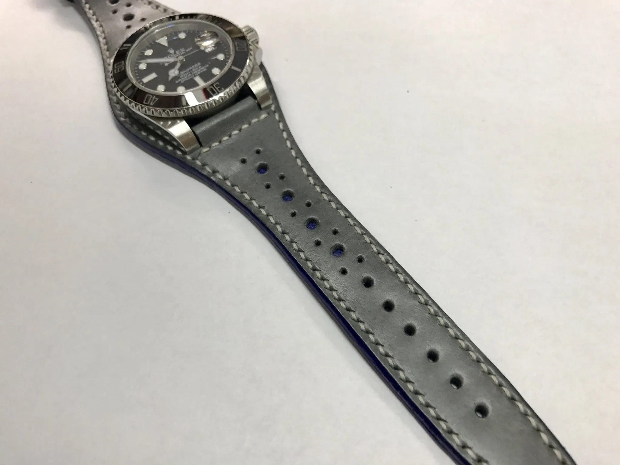 Handmade leather cuff watch strap, Brogue Pattern Vintage Gray leather cuff watch band for Rolex Watches - 20mm/18mm
