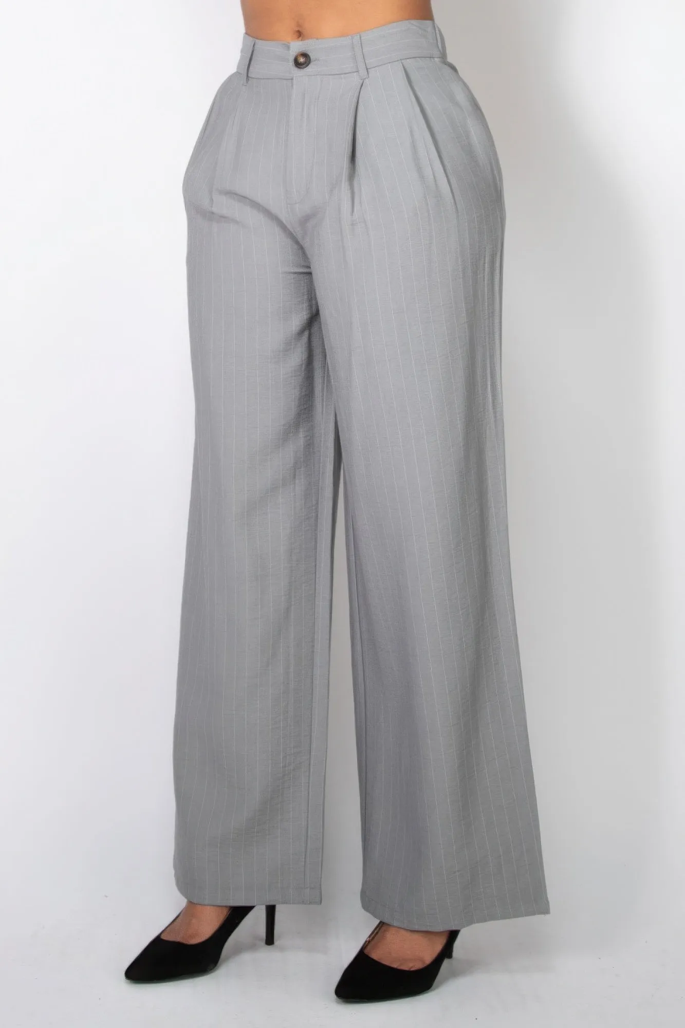 High-Rise Grey Pinstripe Wide Leg Pants