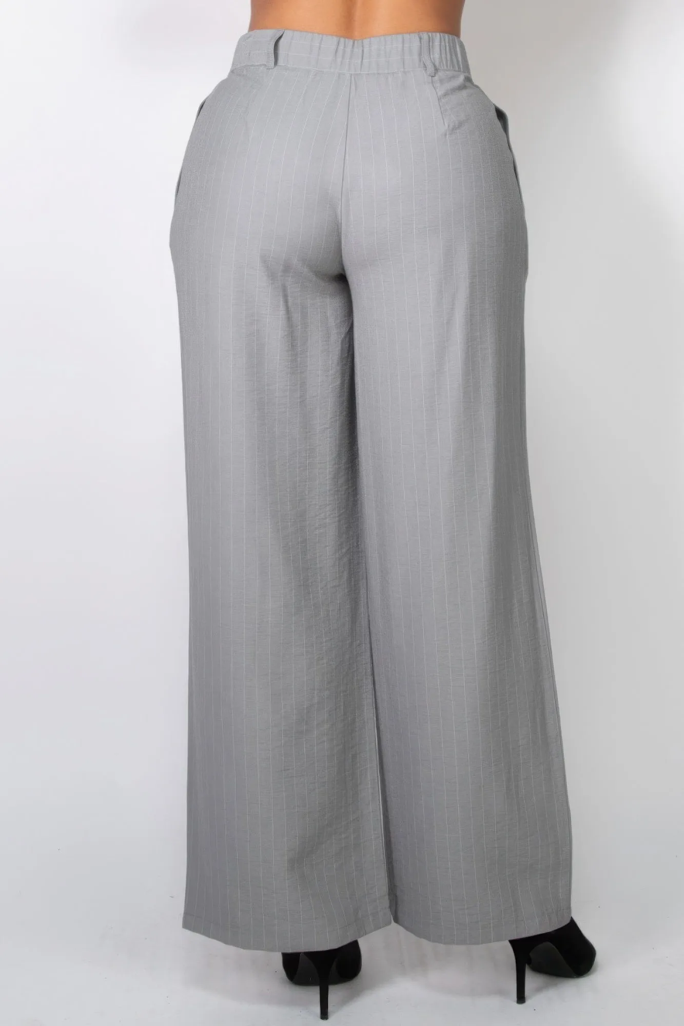 High-Rise Grey Pinstripe Wide Leg Pants