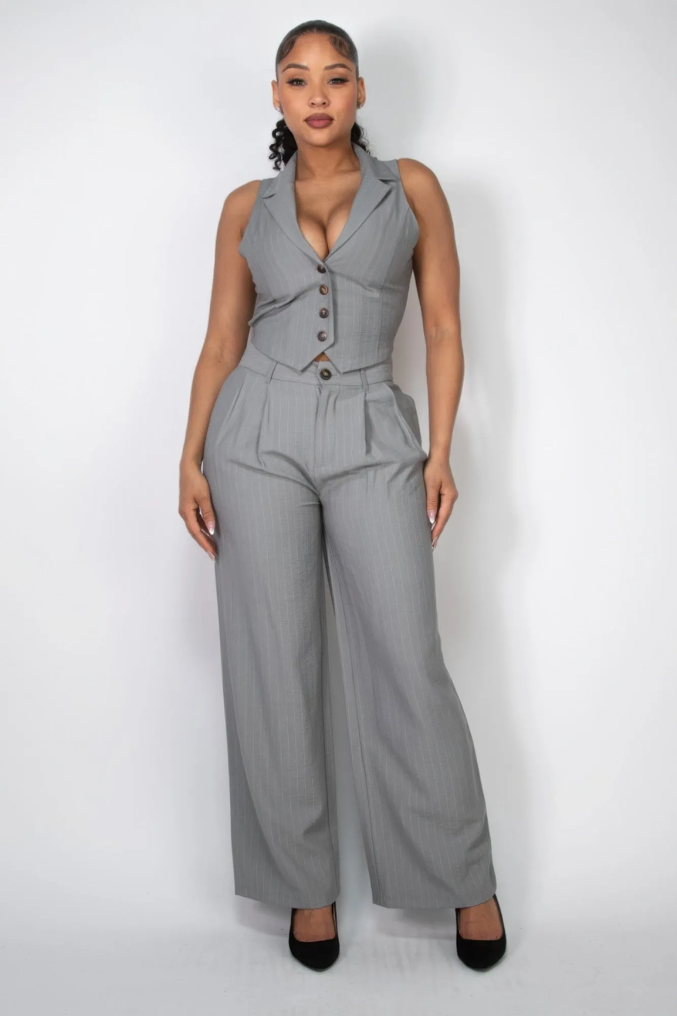 High-Rise Grey Pinstripe Wide Leg Pants