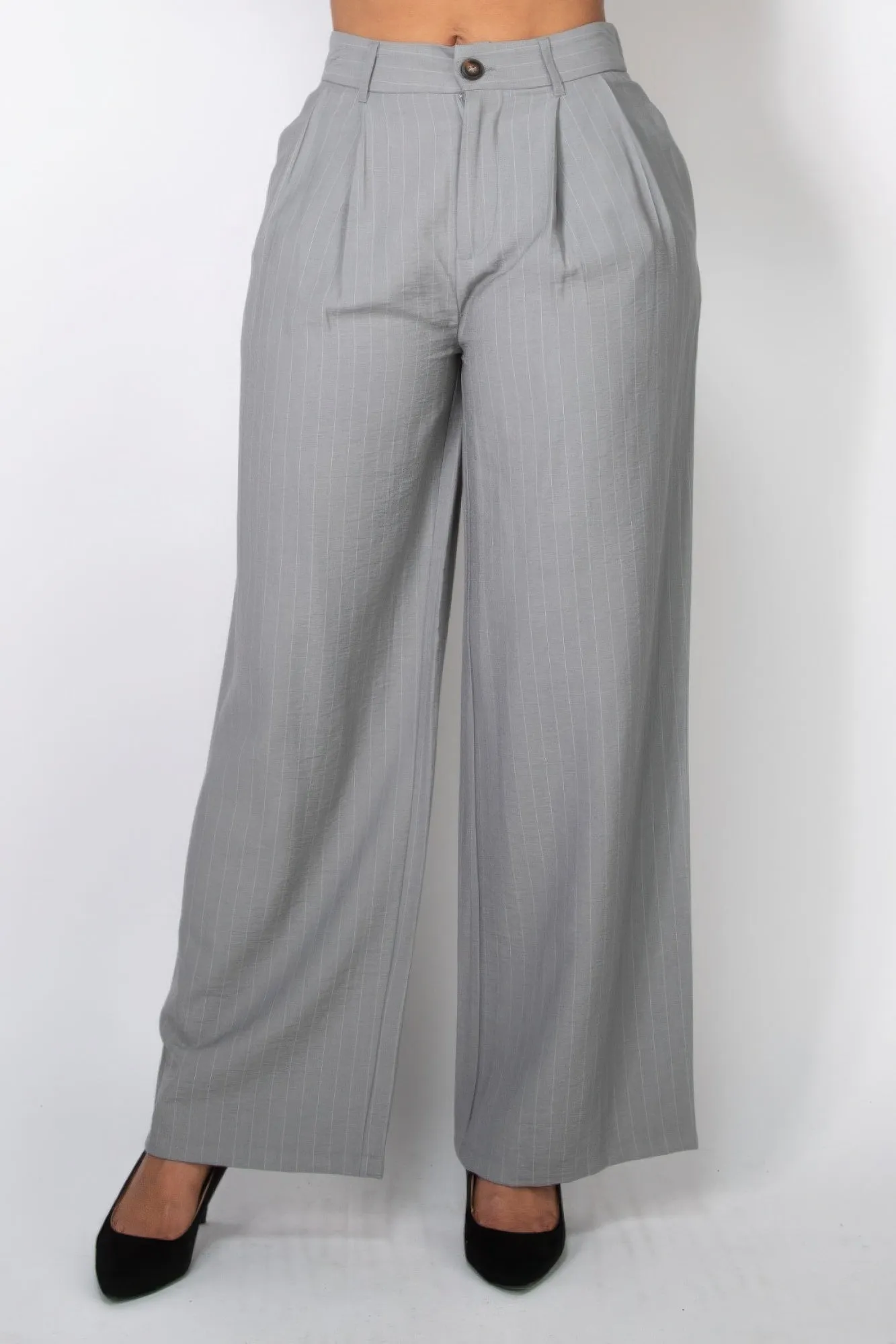 High-Rise Grey Pinstripe Wide Leg Pants