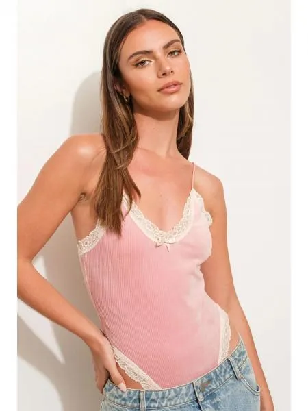Lace Trim Body Suit - Rose -