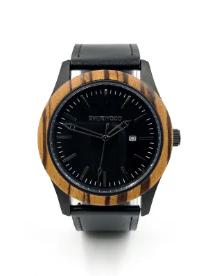 Mens Wood Watches | Zebrawood | Black Leather