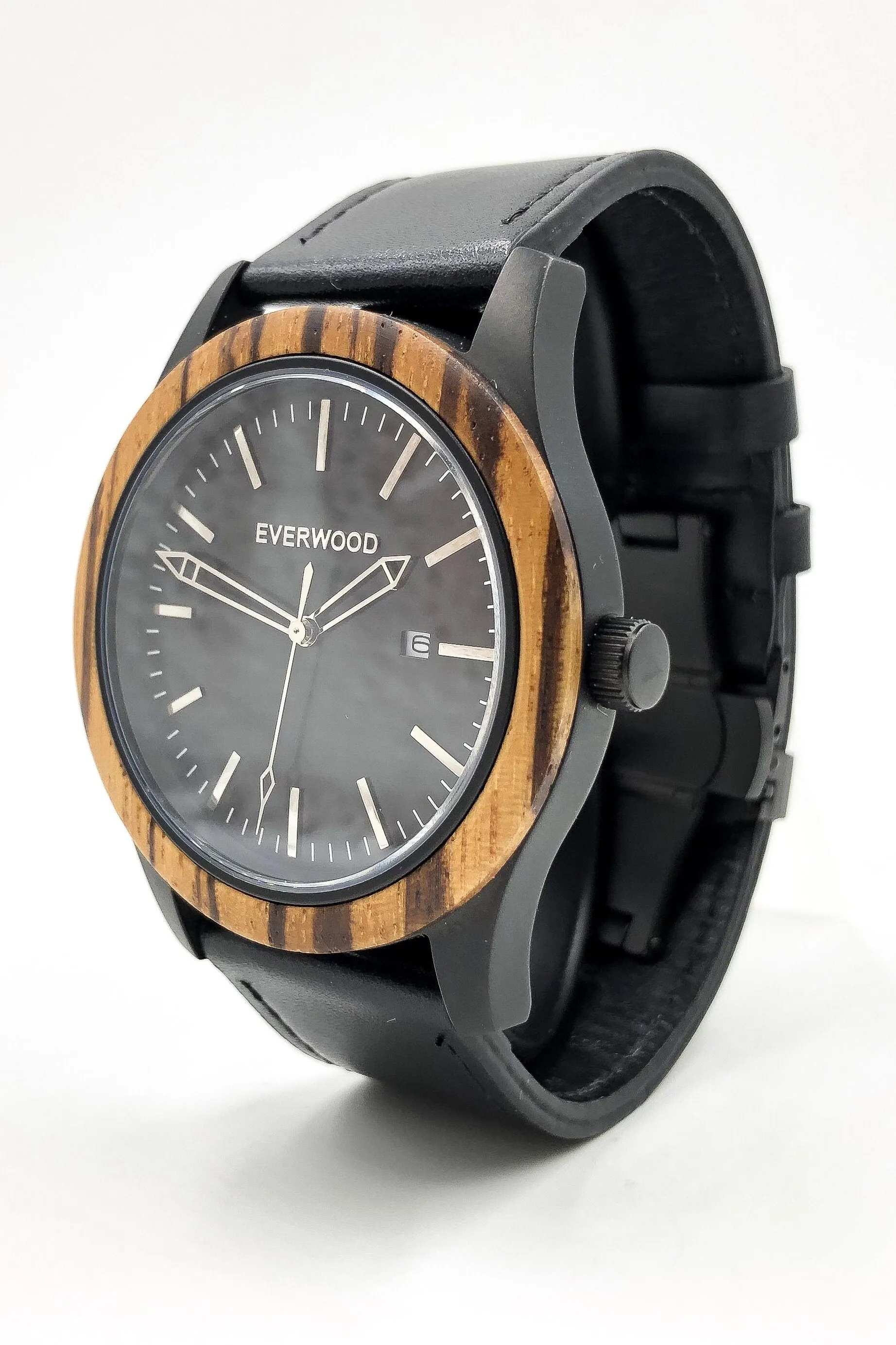 Mens Wood Watches | Zebrawood | Black Leather