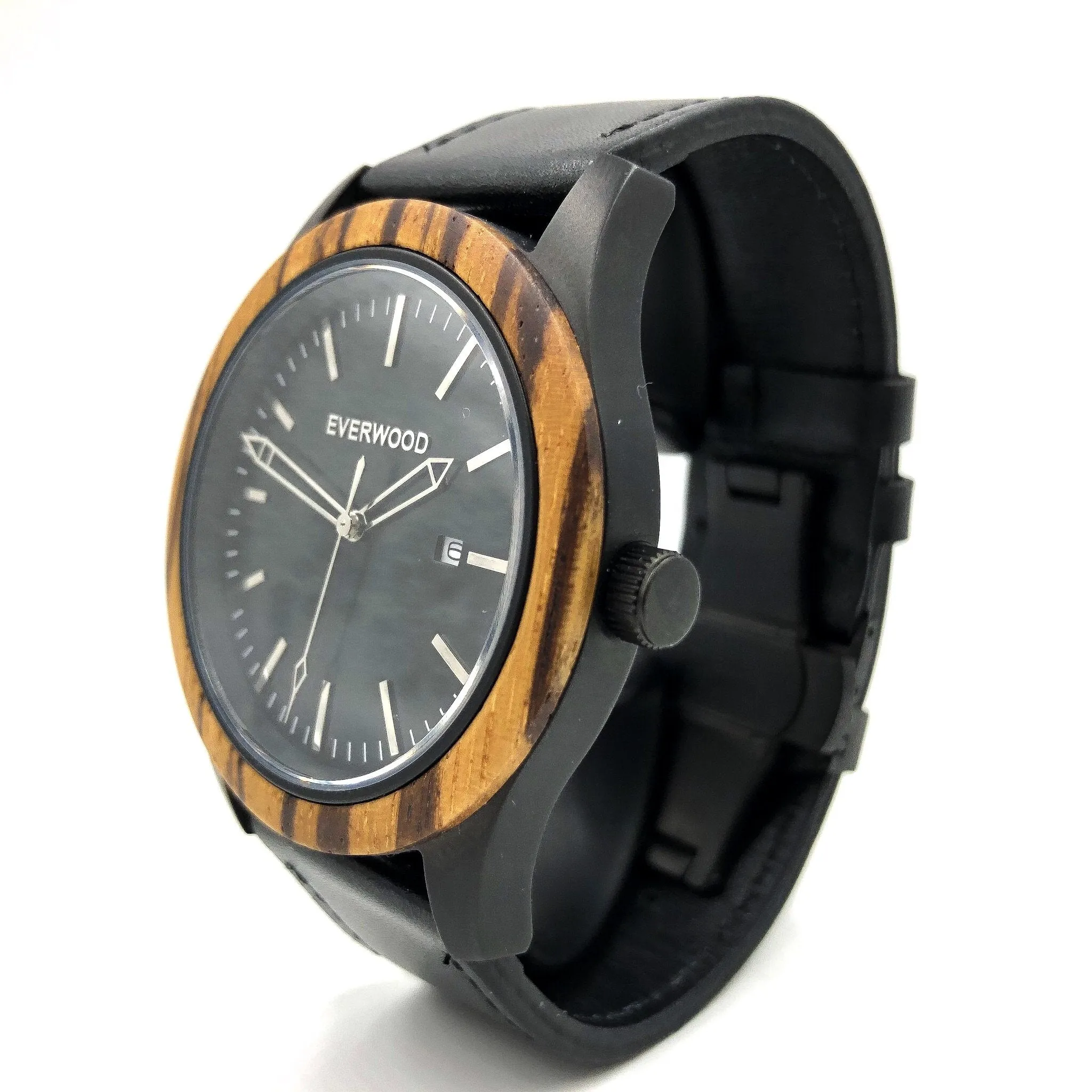 Mens Wood Watches | Zebrawood | Black Leather