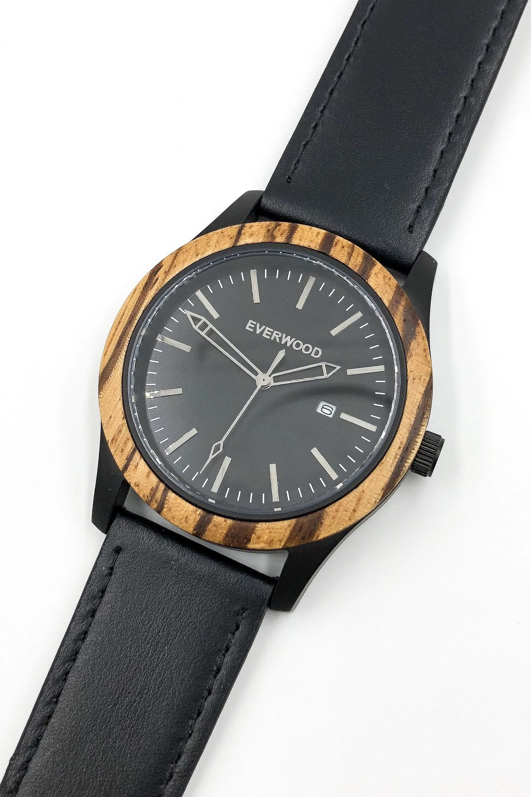 Mens Wood Watches | Zebrawood | Black Leather