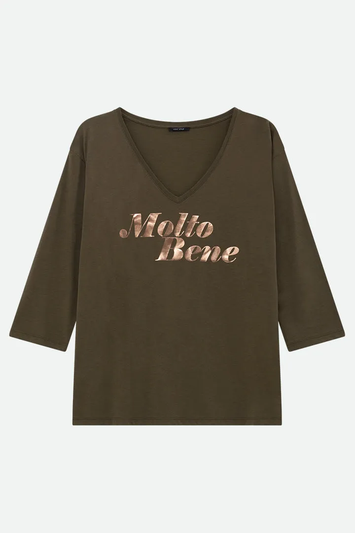 MEZZO - T-shirt kaki message métallisé