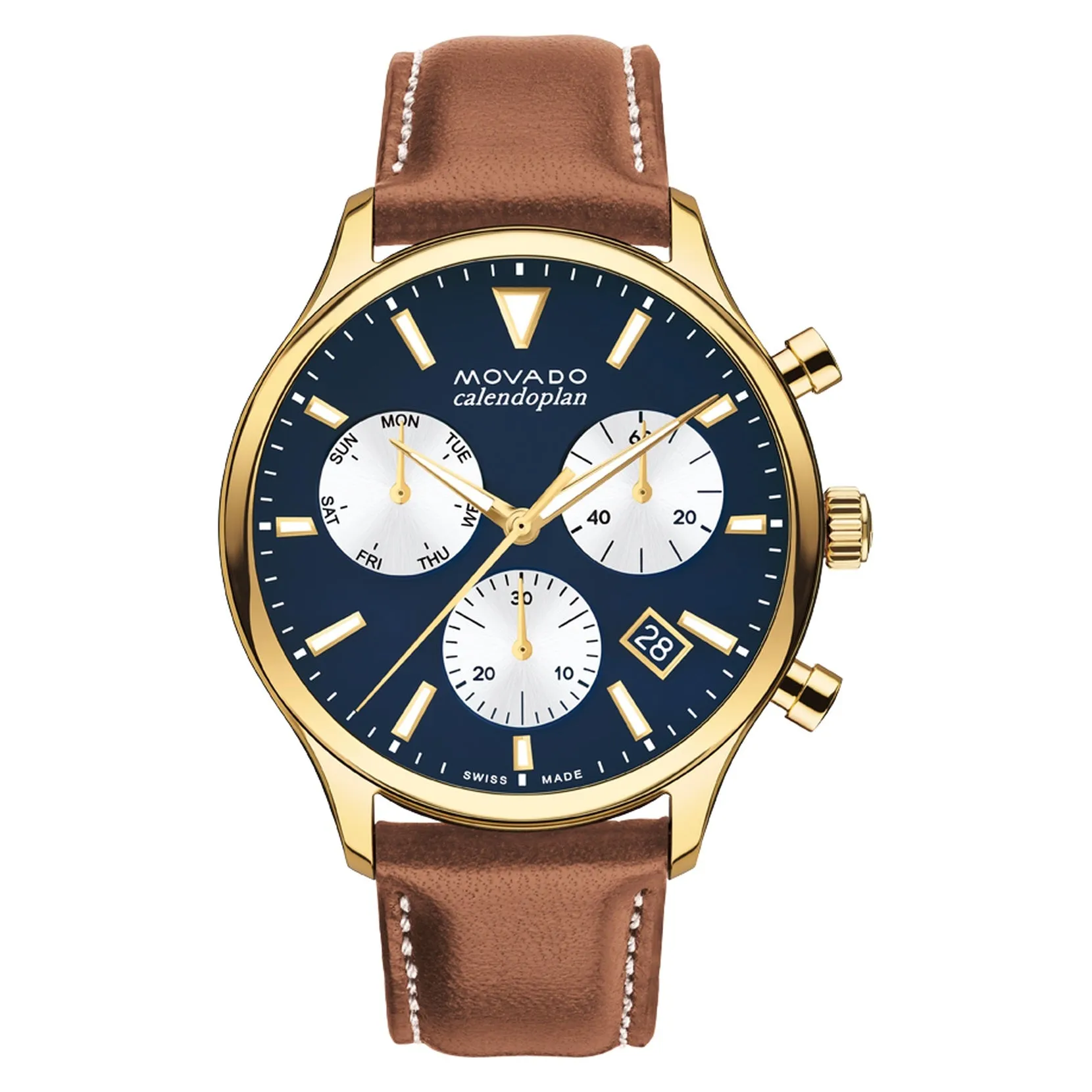 Movado Heritage Series Mens Chronograph Gold Tone Blue Dial Leather Strap Watch