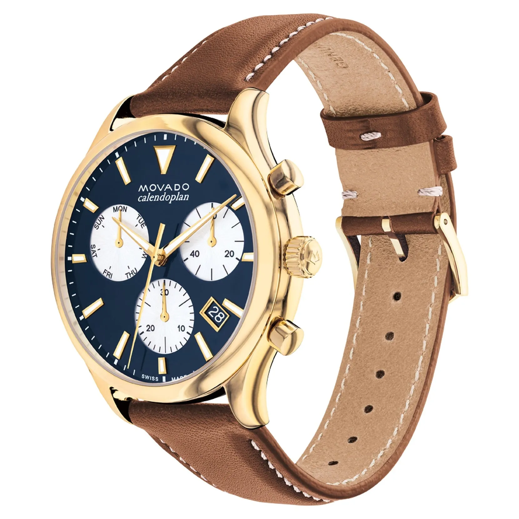 Movado Heritage Series Mens Chronograph Gold Tone Blue Dial Leather Strap Watch