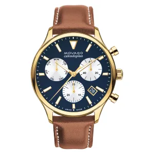 Movado Heritage Series Mens Chronograph Gold Tone Blue Dial Leather Strap Watch