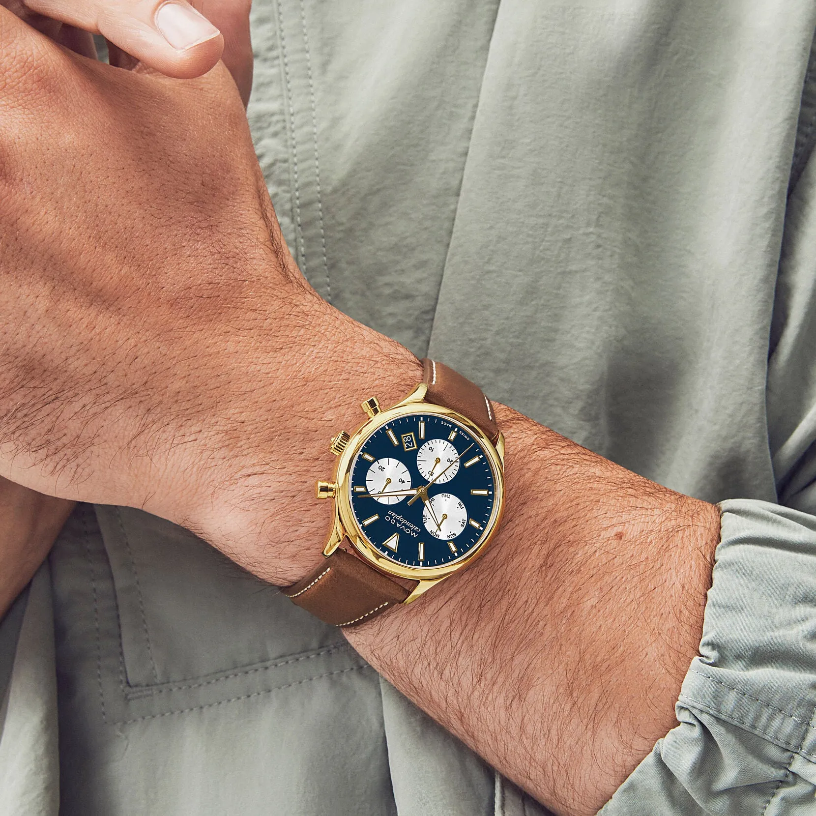 Movado Heritage Series Mens Chronograph Gold Tone Blue Dial Leather Strap Watch