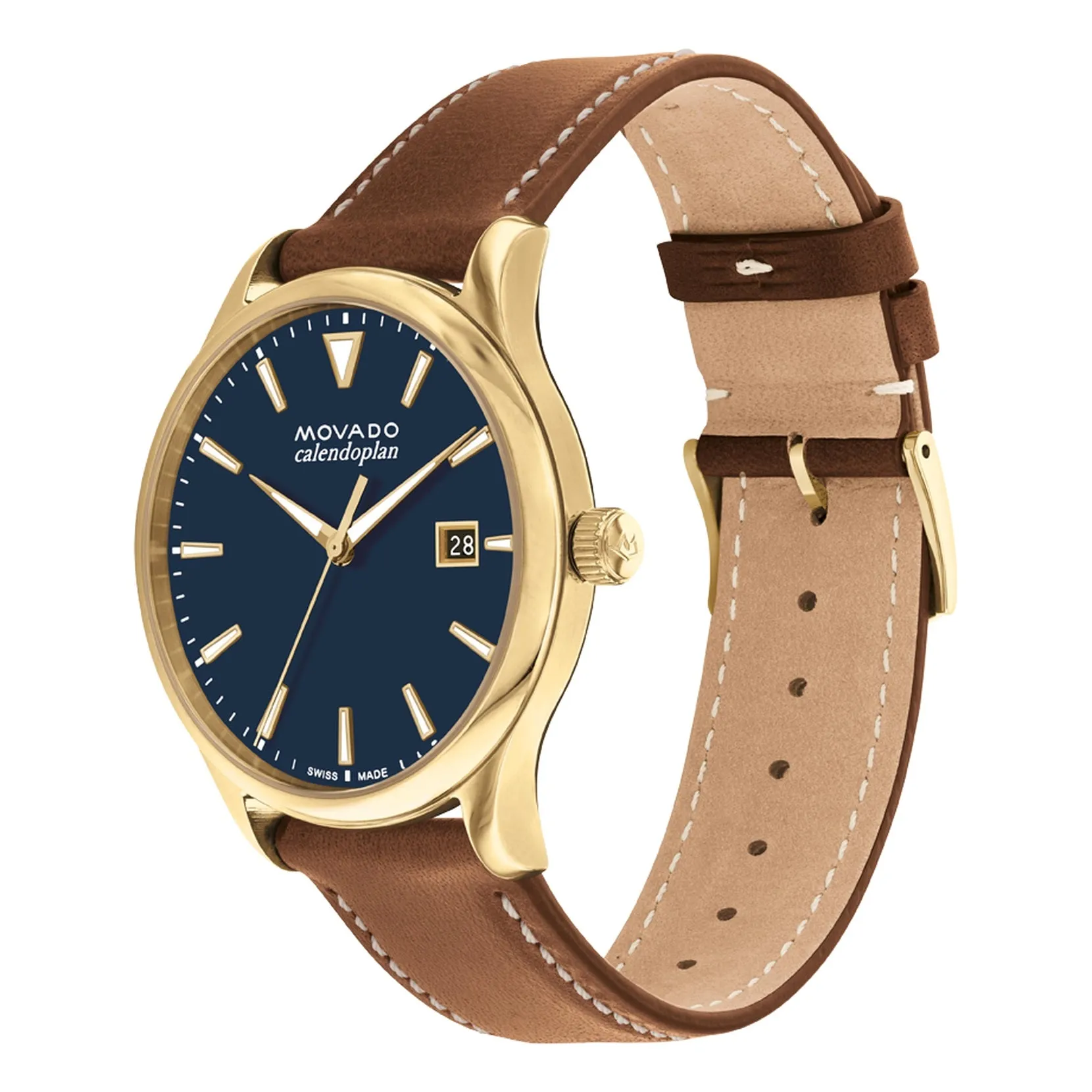 Movado Heritage Series Mens Gold Tone Blue Dial Brown Leather Strap Watch