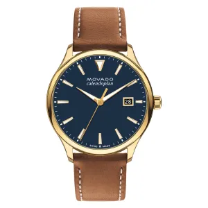 Movado Heritage Series Mens Gold Tone Blue Dial Brown Leather Strap Watch