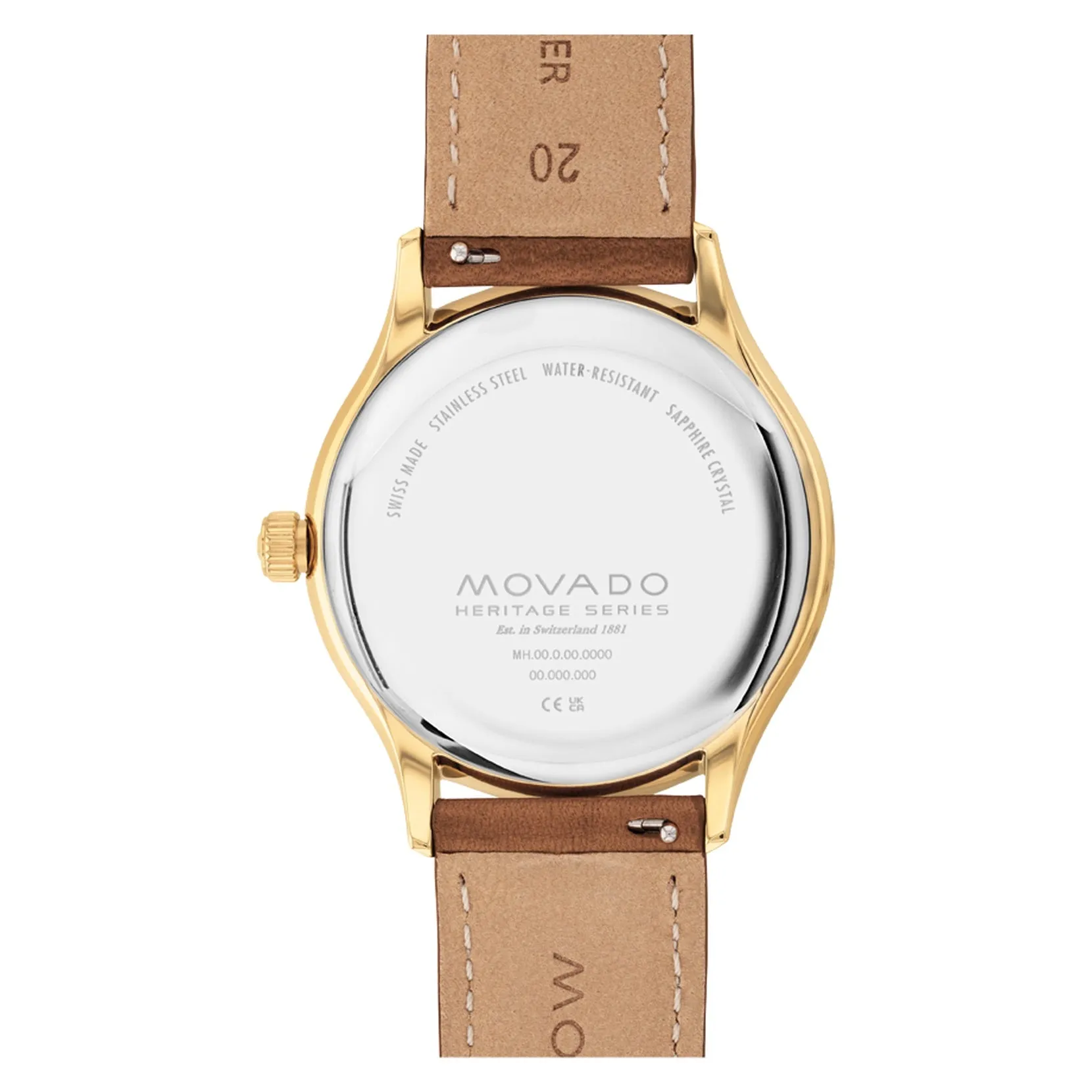 Movado Heritage Series Mens Gold Tone Blue Dial Brown Leather Strap Watch