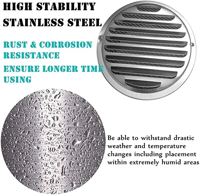 New Stainless Steel Air Vents, 4 Inch Round Louver Grille Cover Wall Ventilation Outlet Soffit Vents with Built-in Screen Mesh for House (4'')