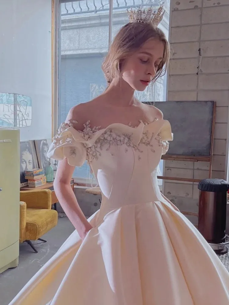 Off The Shoulder Flower Satin Wedding Dress