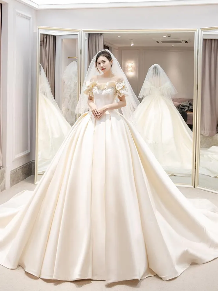Off The Shoulder Flower Satin Wedding Dress