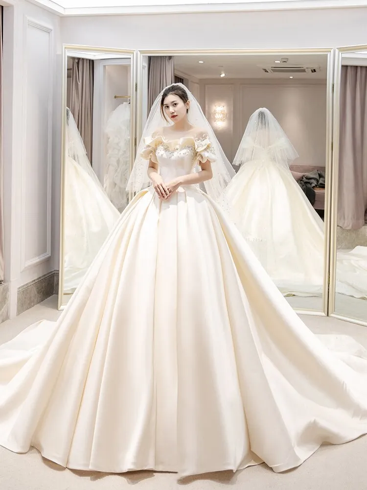 Off The Shoulder Flower Satin Wedding Dress