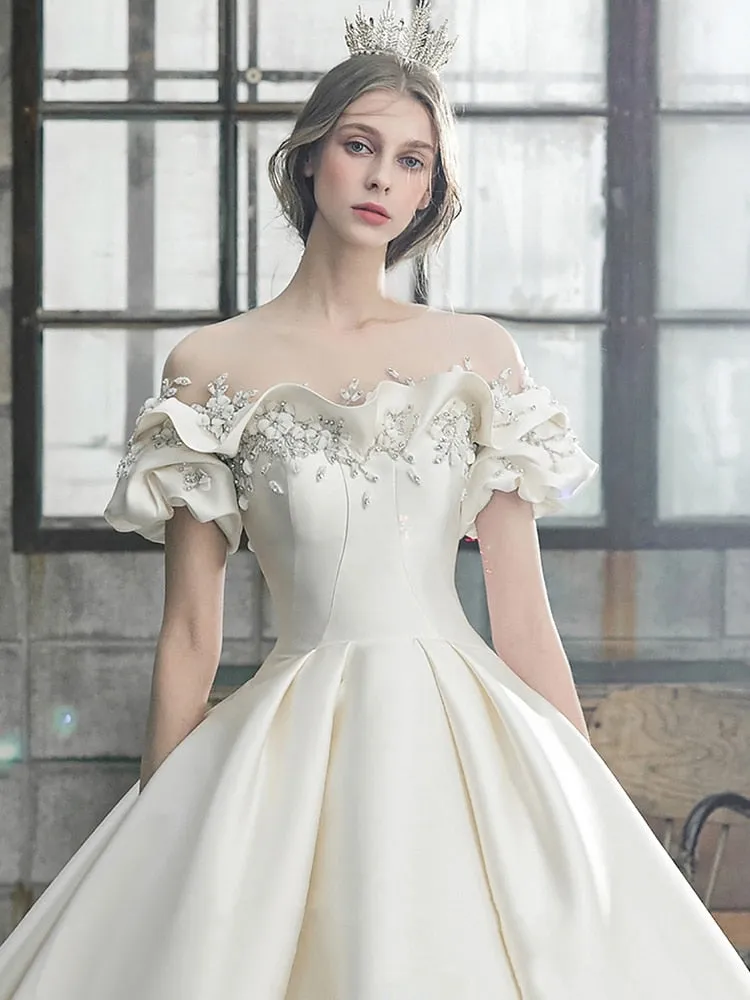Off The Shoulder Flower Satin Wedding Dress